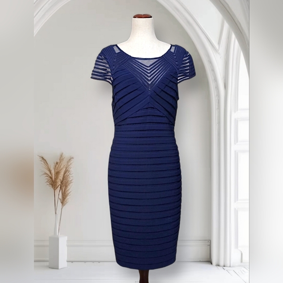 Adrianna Papell Navy Blue Shutter Pleat Sheath Illusion Cocktail Party Dress, 16 - Picture 3 of 14